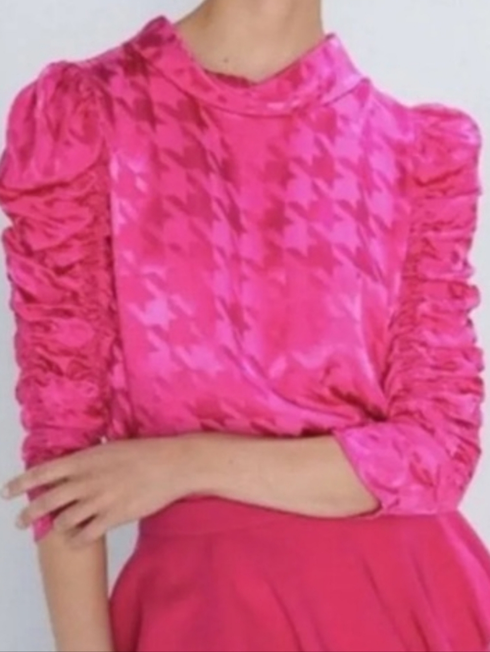 Zara Viscose Ruched Blouse Satin Pink Top Women's Size Houndstooth Women's L NWT